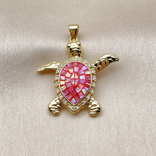 Oro Laminado Fancy Pendant, Gold Filled Style Turtle Design, with Garnet Opal and White Micro Pave, Polished, Golden Finish