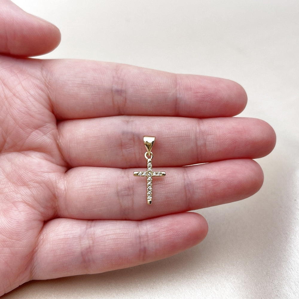 Oro Laminado Religious Pendant, Gold Filled Style Cross Design, with White Micro Pave, Polished, Golden Finish