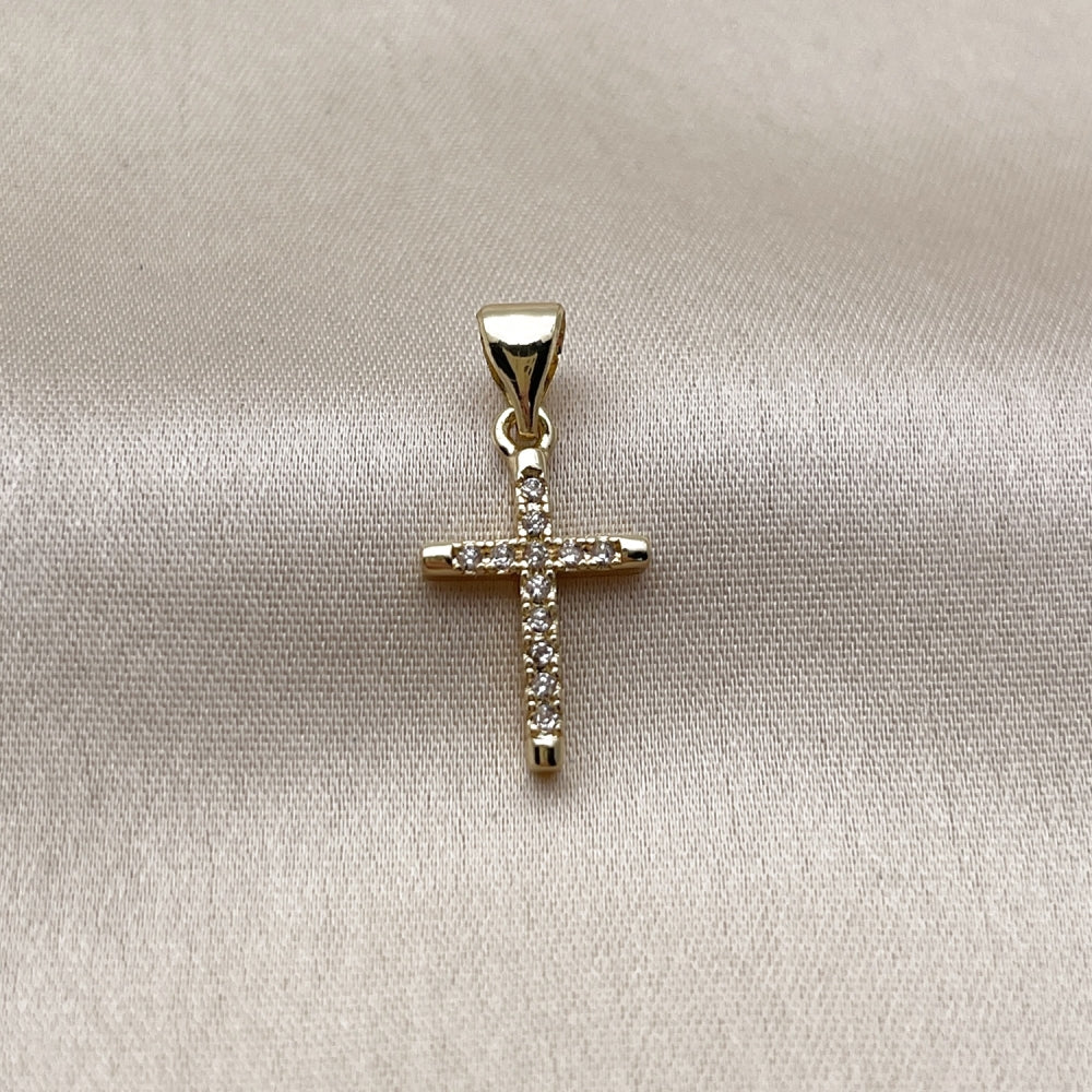 Oro Laminado Religious Pendant, Gold Filled Style Cross Design, with White Micro Pave, Polished, Golden Finish