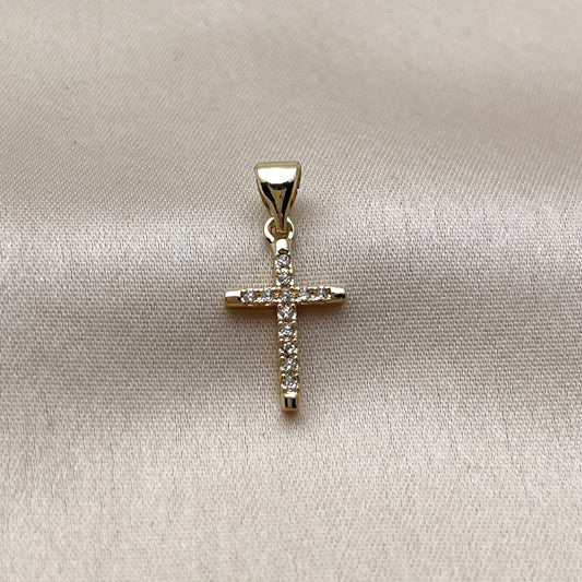 Oro Laminado Religious Pendant, Gold Filled Style Cross Design, with White Micro Pave, Polished, Golden Finish