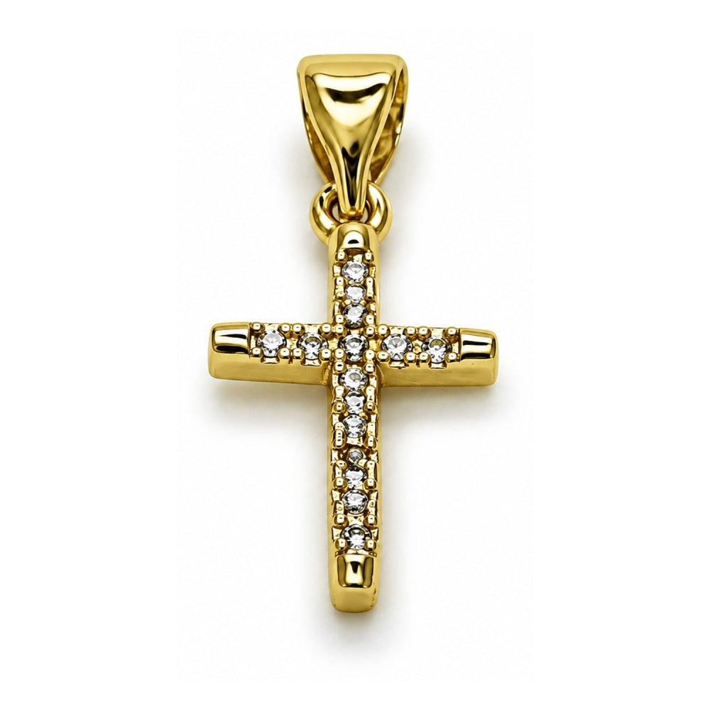 Oro Laminado Religious Pendant, Gold Filled Style Cross Design, with White Micro Pave, Polished, Golden Finish