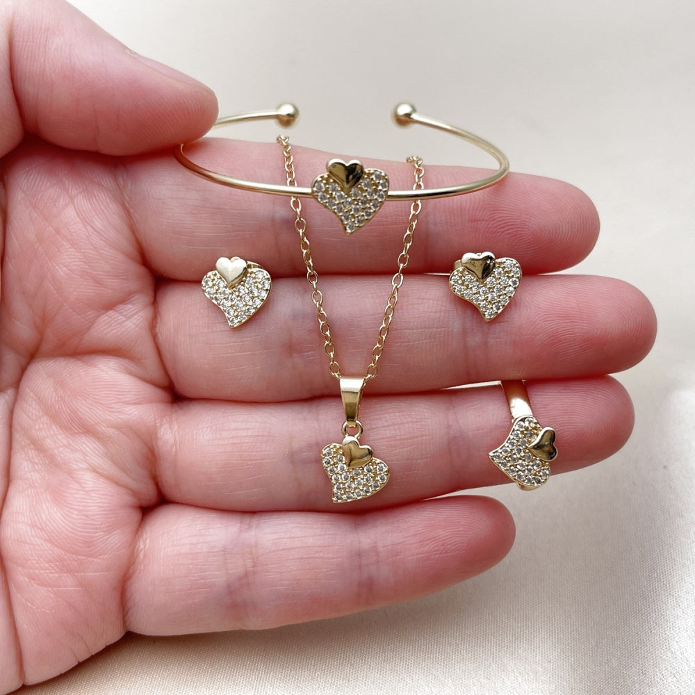Oro Laminado Earring and Pendant Children Set, Gold Filled Style Heart Design, with White Micro Pave, Polished, Golden Finish