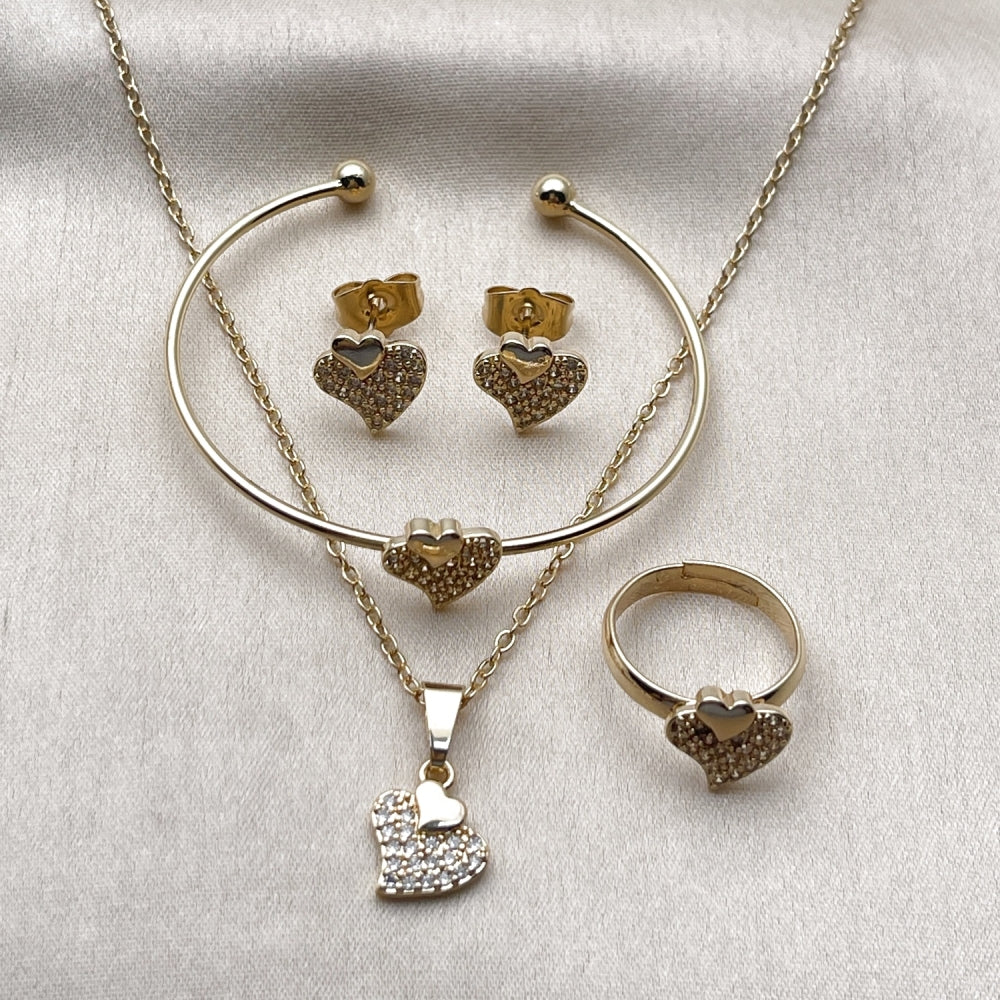 Oro Laminado Earring and Pendant Children Set, Gold Filled Style Heart Design, with White Micro Pave, Polished, Golden Finish