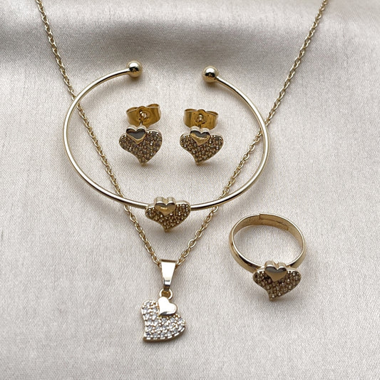 Oro Laminado Earring and Pendant Children Set, Gold Filled Style Heart Design, with White Micro Pave, Polished, Golden Finish