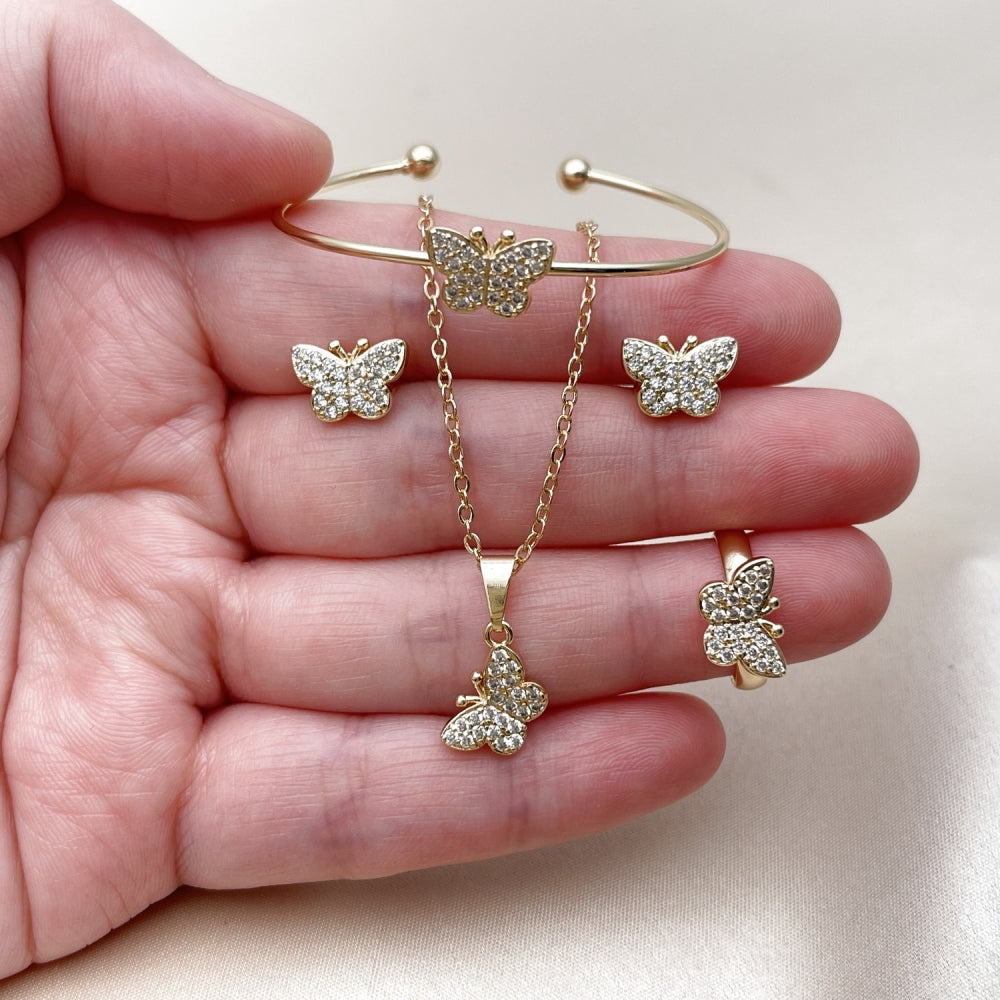 Oro Laminado Earring and Pendant Adult Set, Gold Filled Style Butterfly Design, with White Micro Pave, Polished, Golden Finish