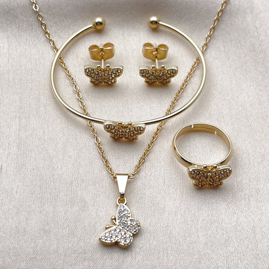 Oro Laminado Earring and Pendant Adult Set, Gold Filled Style Butterfly Design, with White Micro Pave, Polished, Golden Finish