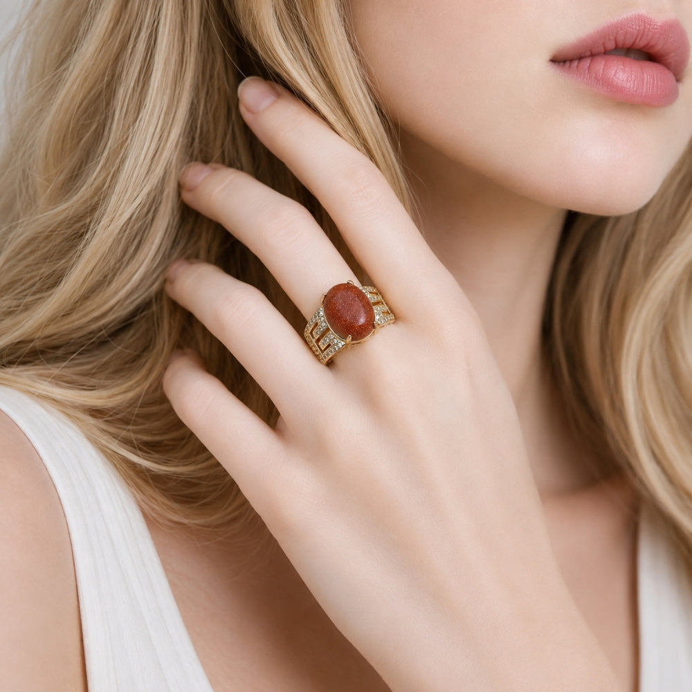 Oro Laminado Multi Stone Ring, Gold Filled Style Greek Key Design, with Brown Goldstone Venturina and White Cubic Zirconia, Polished, Golden Finish
