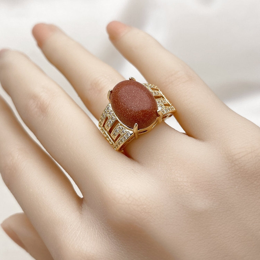 Oro Laminado Multi Stone Ring, Gold Filled Style Greek Key Design, with Brown Goldstone Venturina and White Cubic Zirconia, Polished, Golden Finish