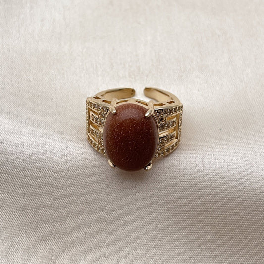 Oro Laminado Multi Stone Ring, Gold Filled Style Greek Key Design, with Brown Goldstone Venturina and White Cubic Zirconia, Polished, Golden Finish