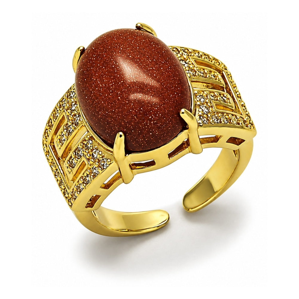 Oro Laminado Multi Stone Ring, Gold Filled Style Greek Key Design, with Brown Goldstone Venturina and White Cubic Zirconia, Polished, Golden Finish