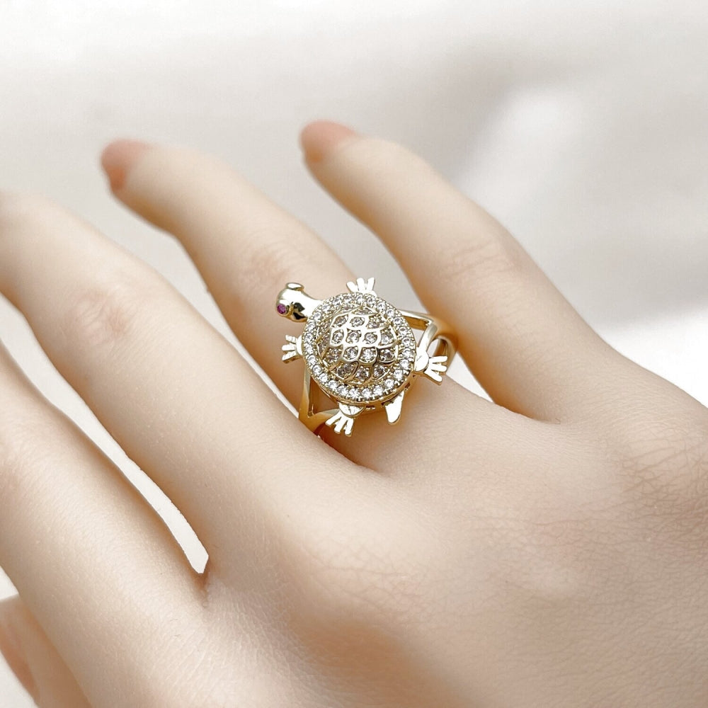 Oro Laminado Multi Stone Ring, Gold Filled Style Turtle Design, with White and Ruby Micro Pave, Polished, Golden Finish