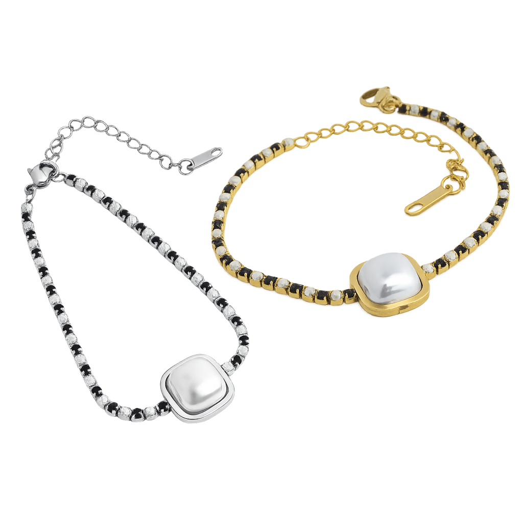 18K Gold PVD Stainless Steel Pearl Center Stone Two Tone Stone Bracelet for Women