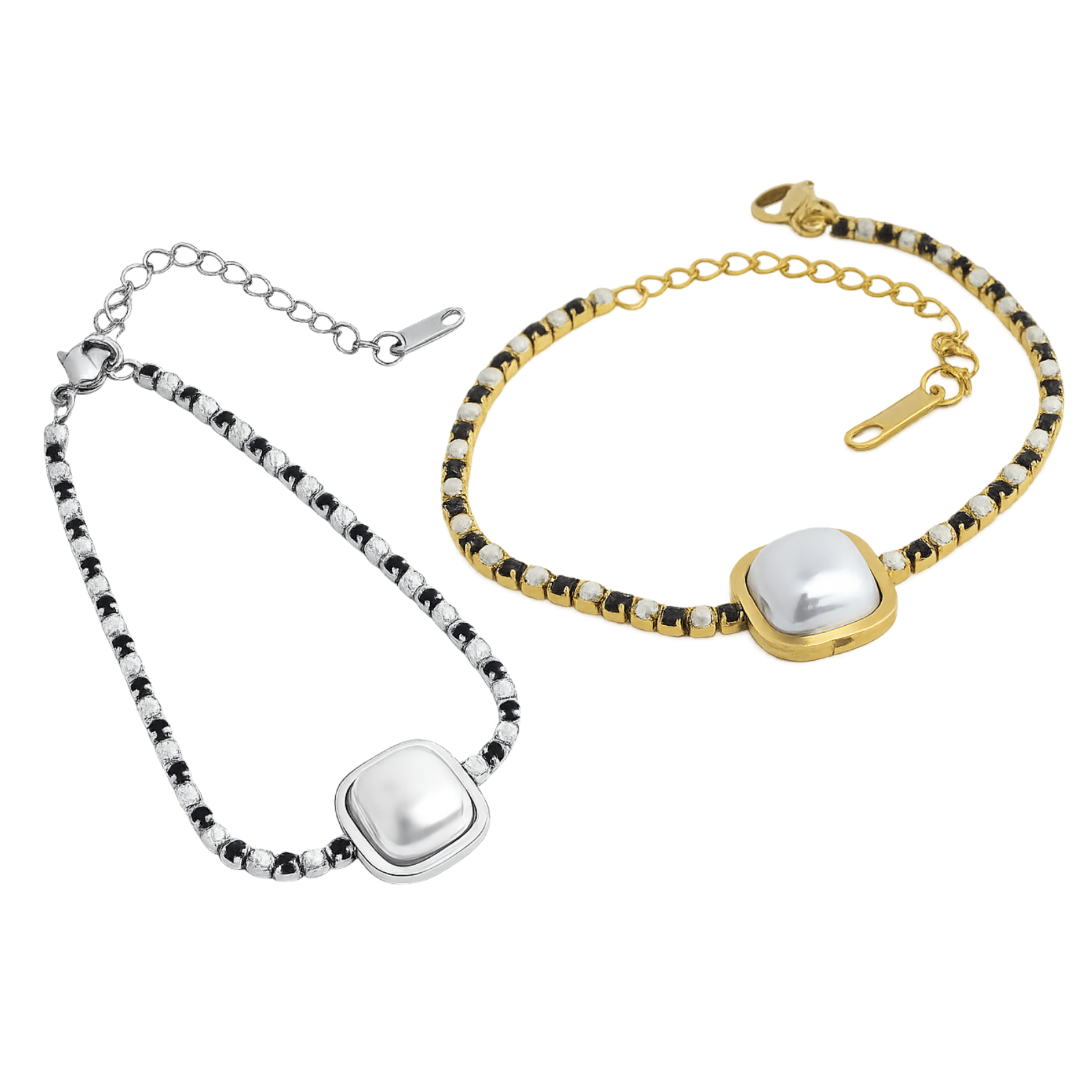 18K Gold PVD Stainless Steel Pearl Center Stone Two Tone Stone Bracelet for Women