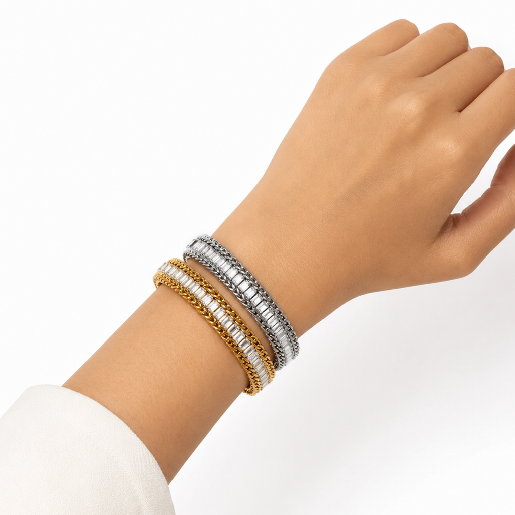 18K Gold PVD Stainless Steel Snake Square CZ Stone Tennis Chain Bracelet for Women