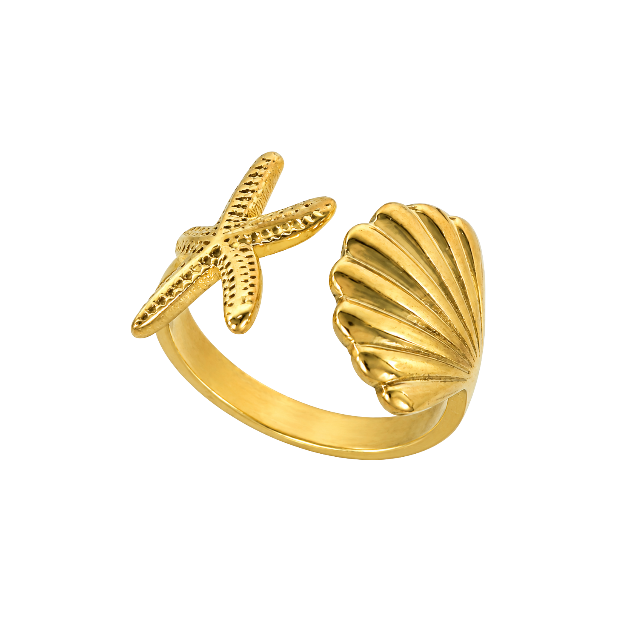 Adjustable Stainless Steel Starfish & Seashell Ring