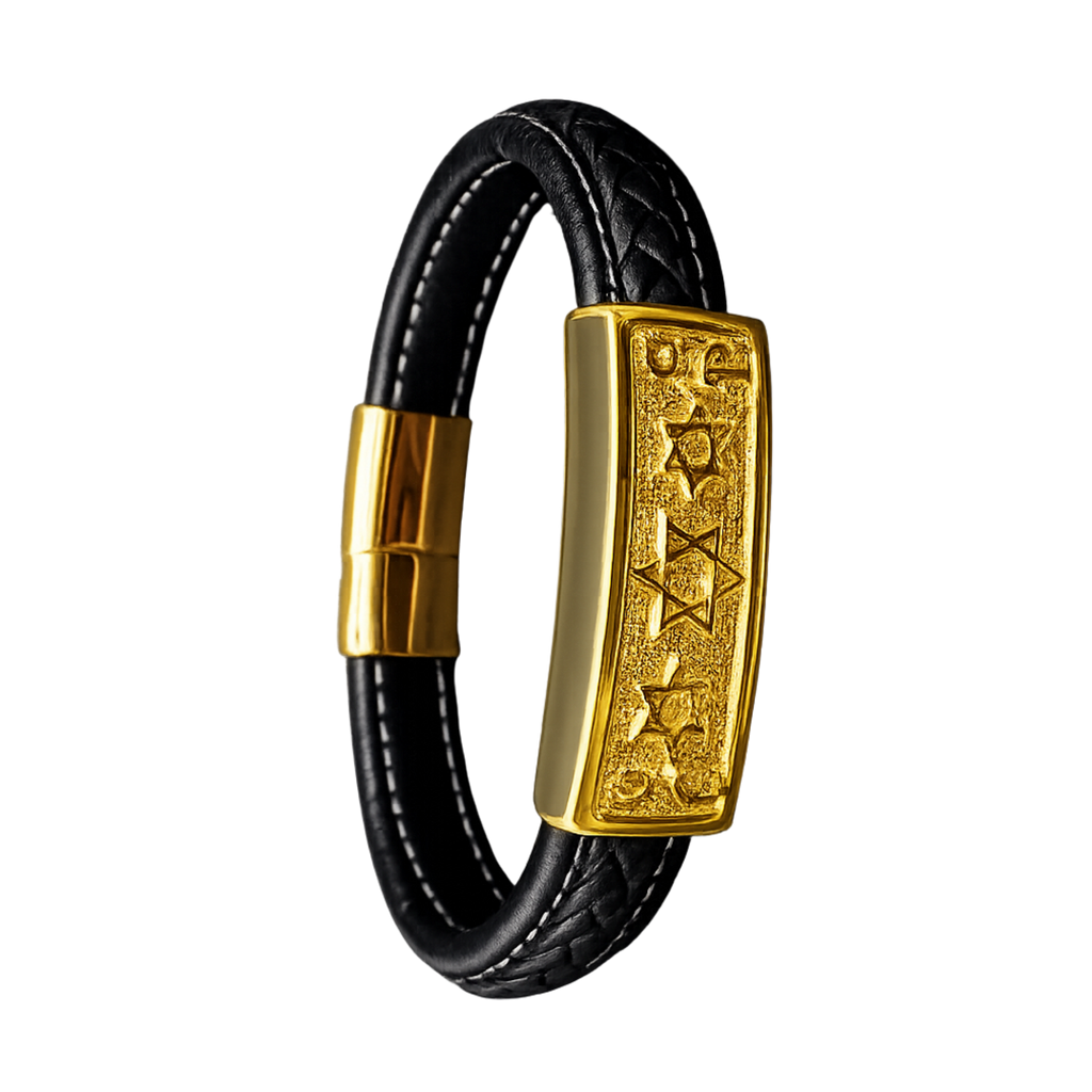 Men's Braided Leather Bracelet Gold-Tone Star of David Bar Magnetic Clasp