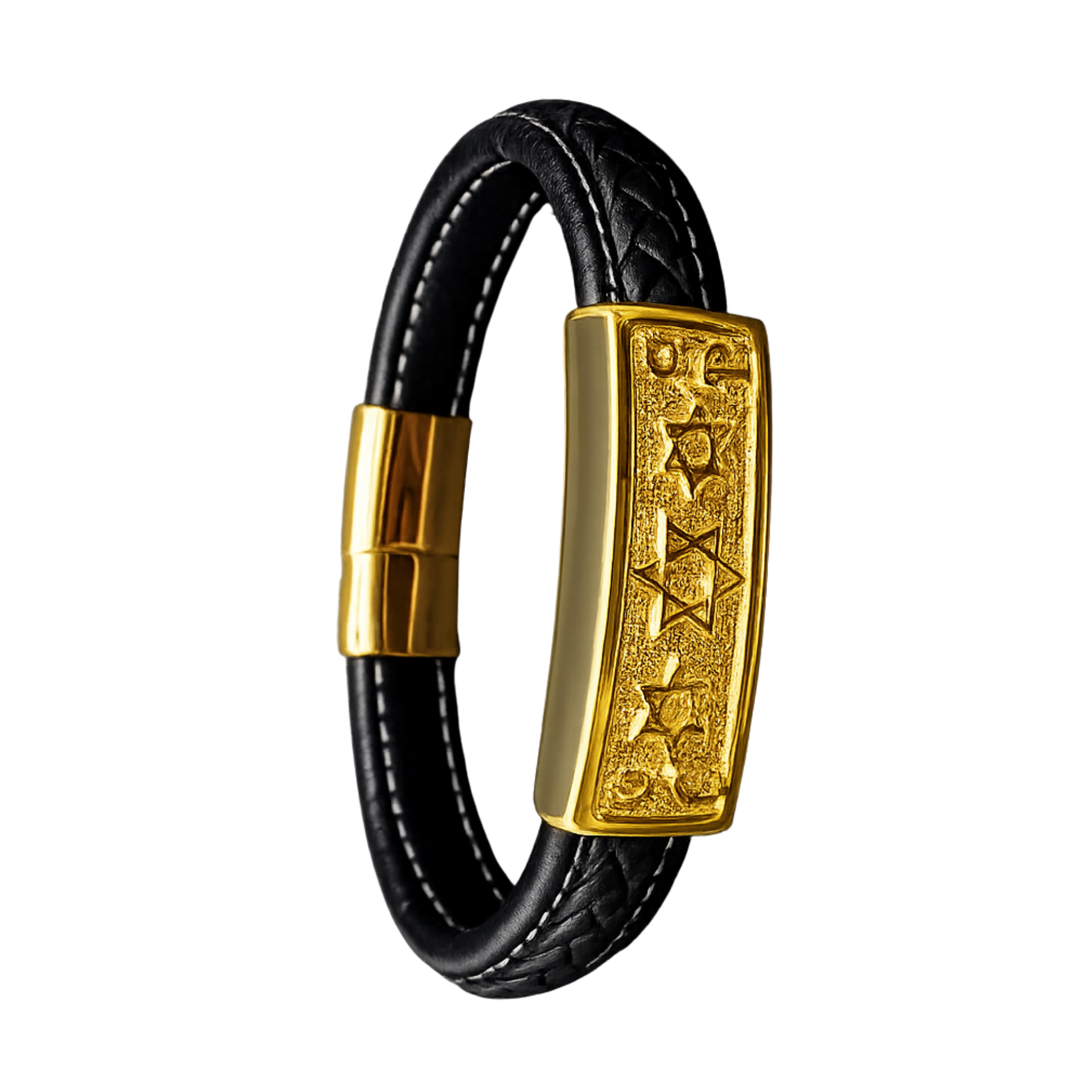 Men's Braided Leather Bracelet Gold-Tone Star of David Bar Magnetic Clasp