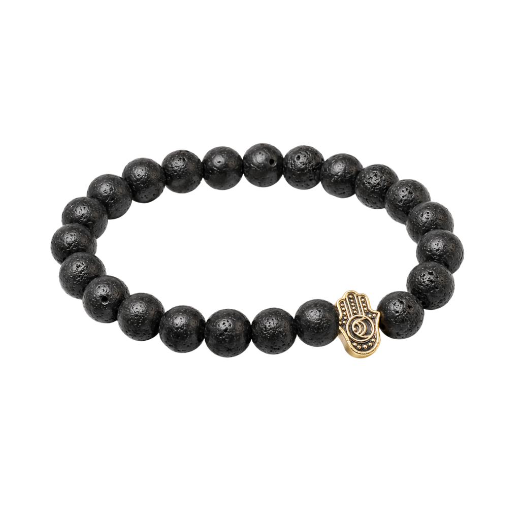 Black Lava Stone Bracelet Gold Hamsa Pendant