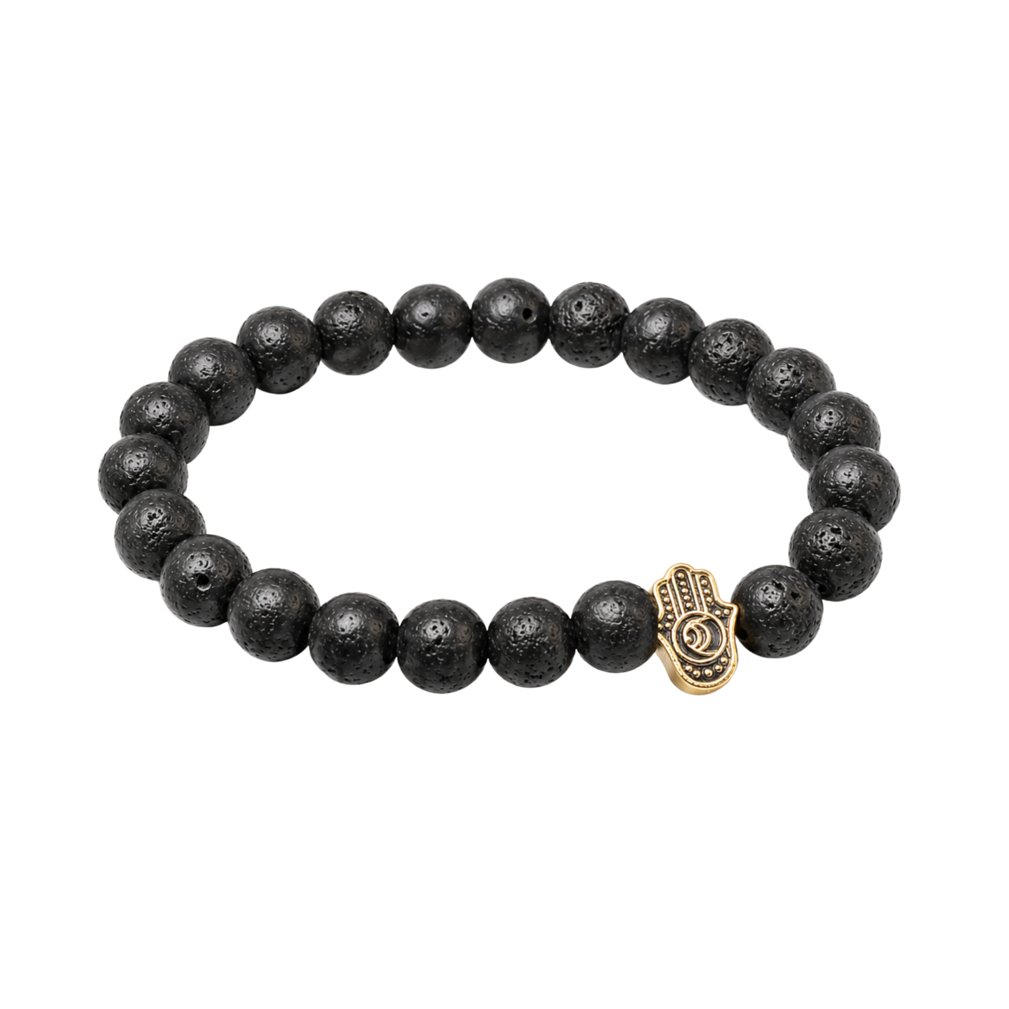 Black Lava Stone Bracelet Gold Hamsa Pendant