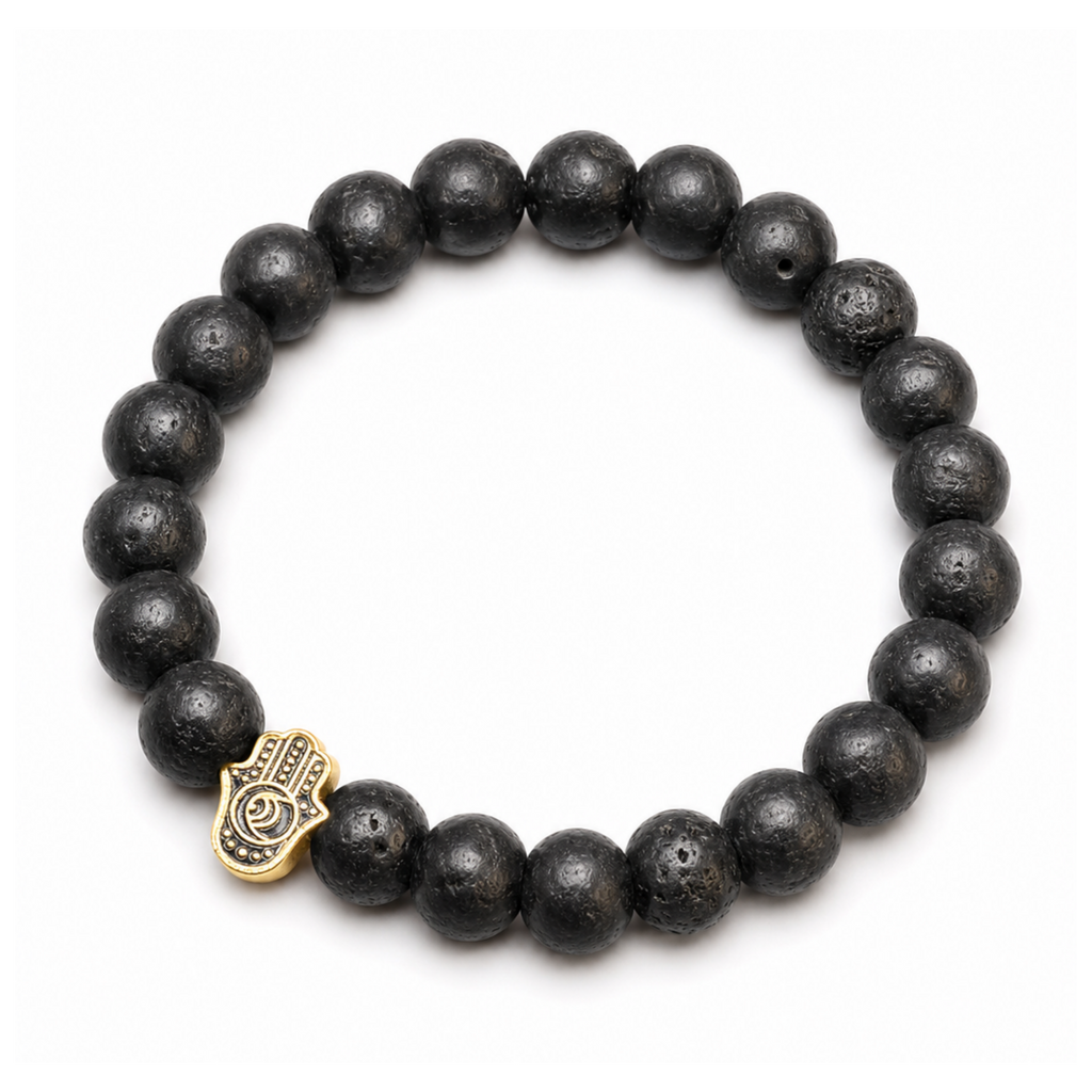 Black Lava Stone Bracelet Gold Hamsa Pendant