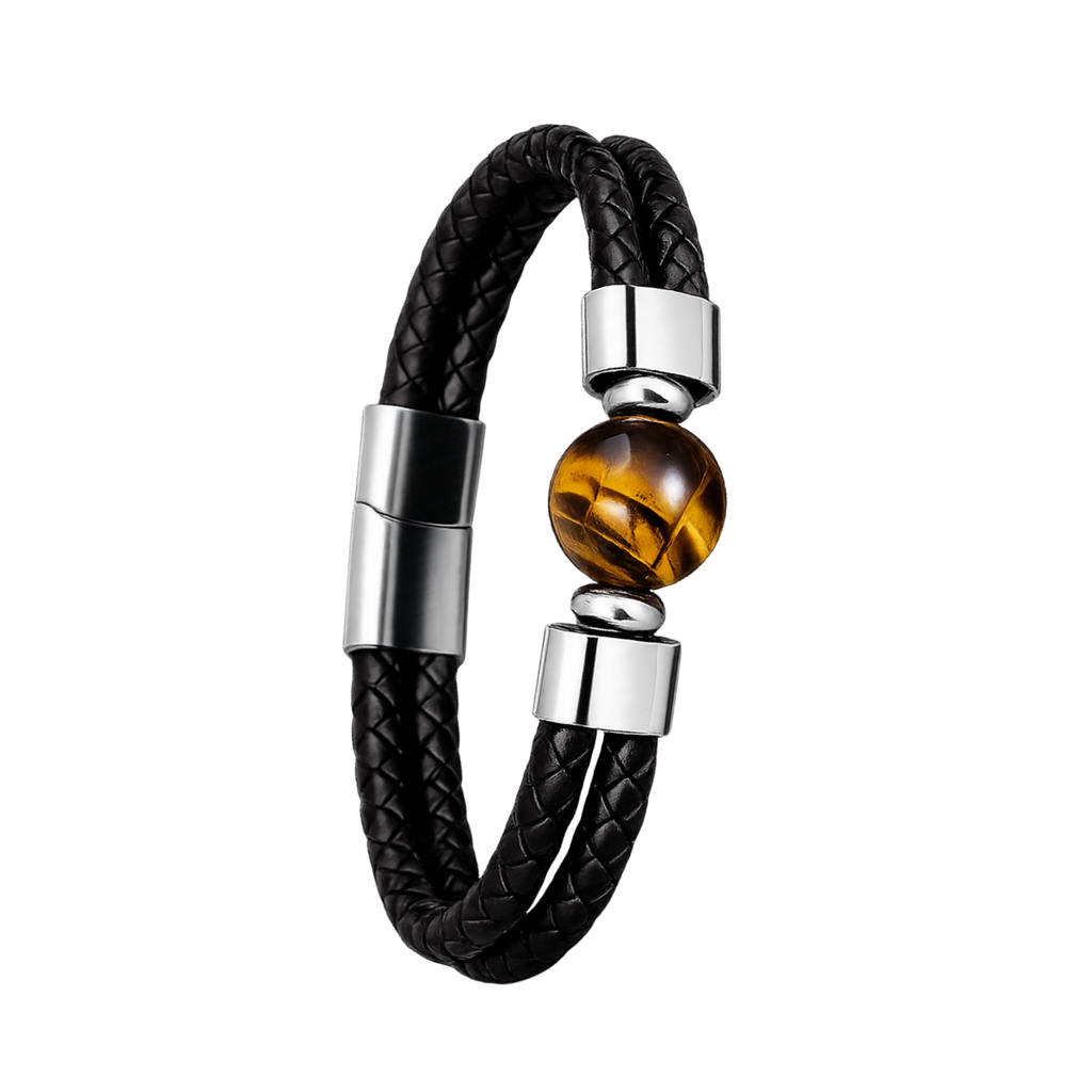 Black Leather Wrap Bracelet Tiger Eye Stone Charm