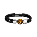 Black Leather Wrap Bracelet Tiger Eye Stone Charm