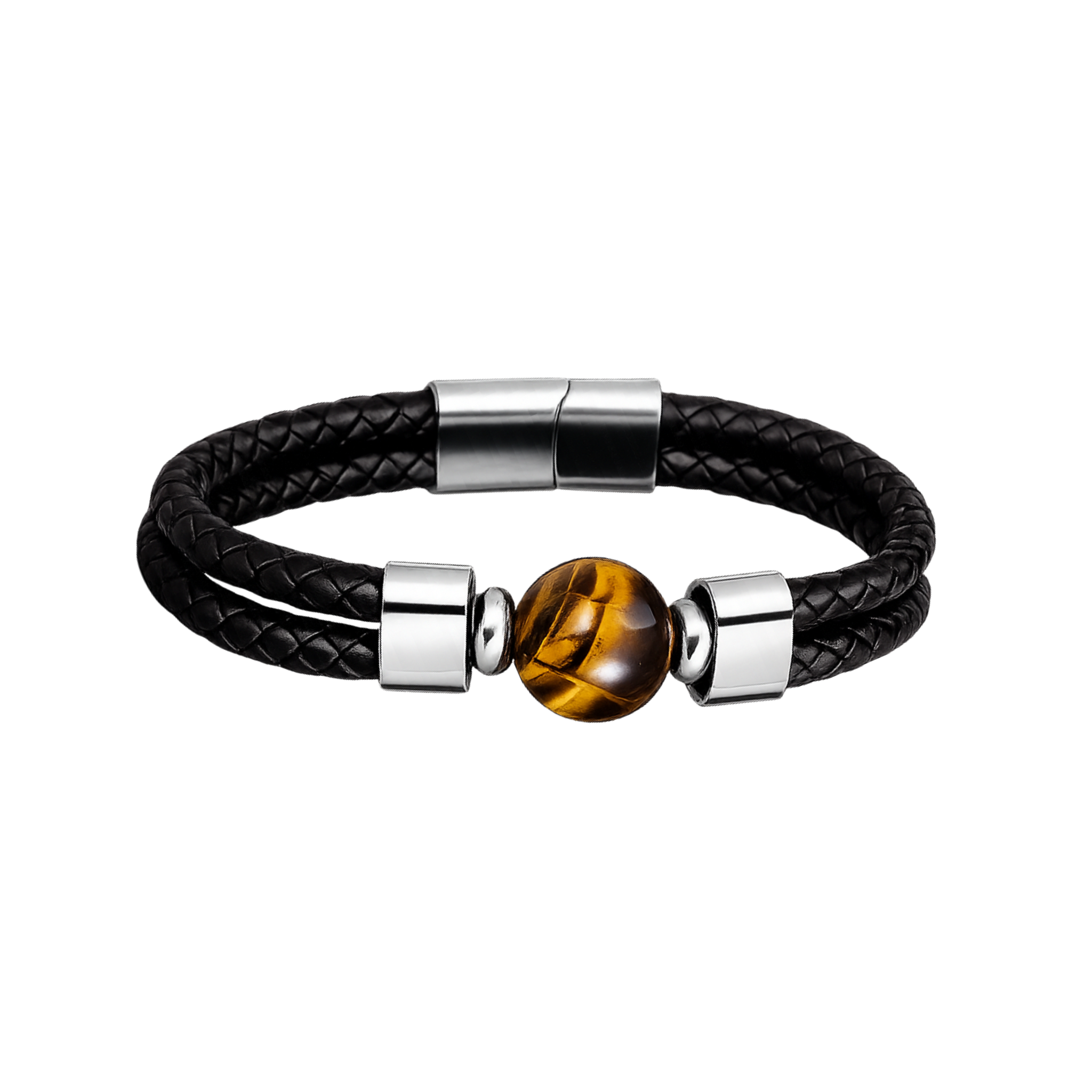 Black Leather Wrap Bracelet Tiger Eye Stone Charm