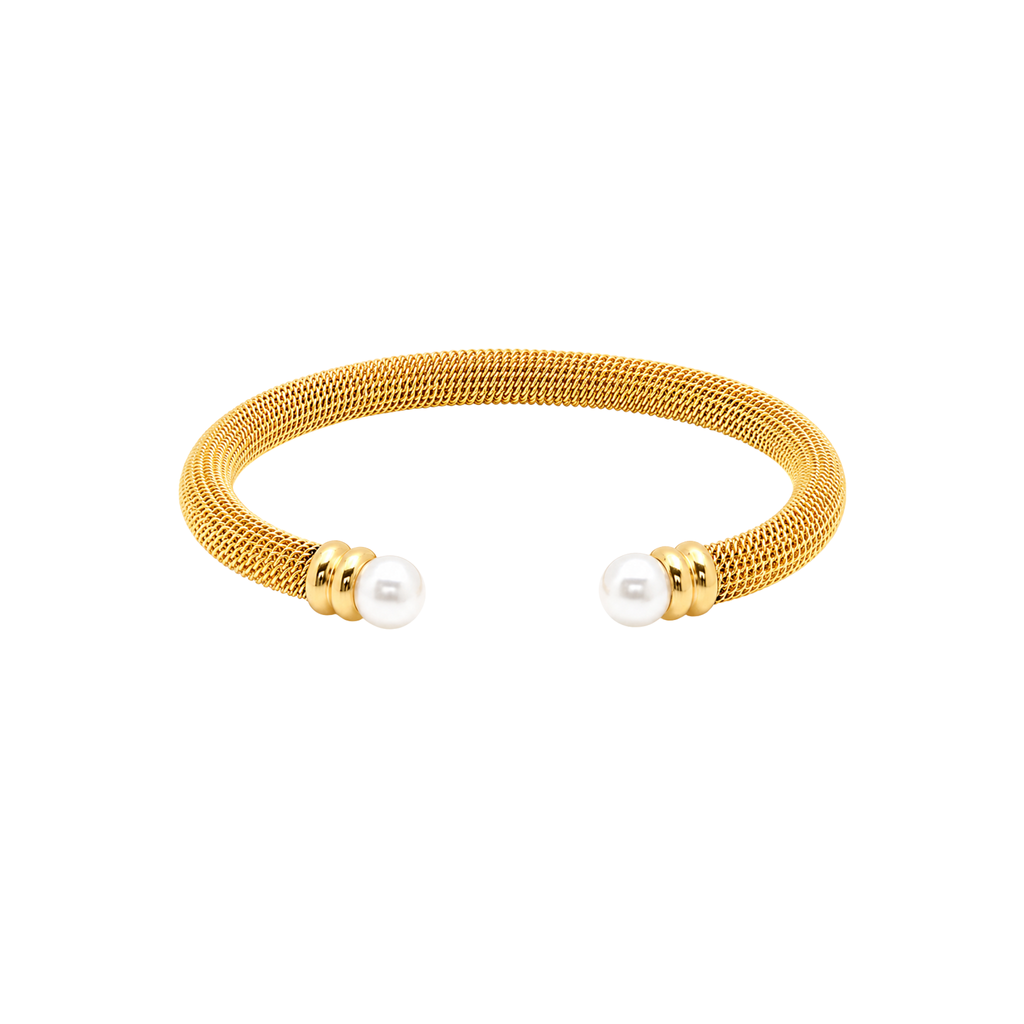 Gold Mesh Pearl Open Cuff Bracelet for Women – Adjustable Non-Tarnish Gold Bracelet with Pearl Ends | Affordable Fashion Jewelry Gift