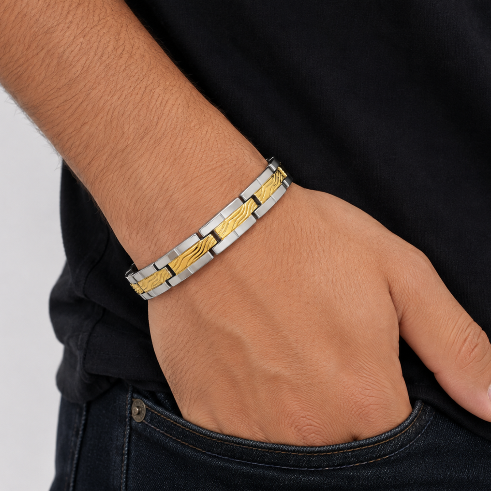 Gold PVD Coated Stainless Steel Magnetic Bracelet for Men – Two-Tone, Strong & Stylish