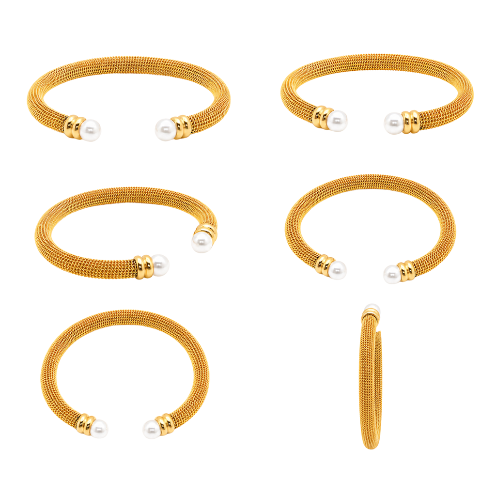 Gold Mesh Pearl Open Cuff Bracelet for Women – Adjustable Non-Tarnish Gold Bracelet with Pearl Ends | Affordable Fashion Jewelry Gift