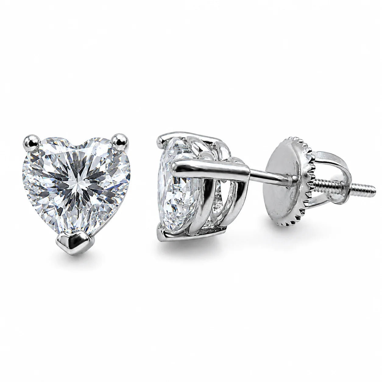 Sterling Silver VVS1 Moissanite Stud Heart Solitaire Screw Back 2 ct Earrings