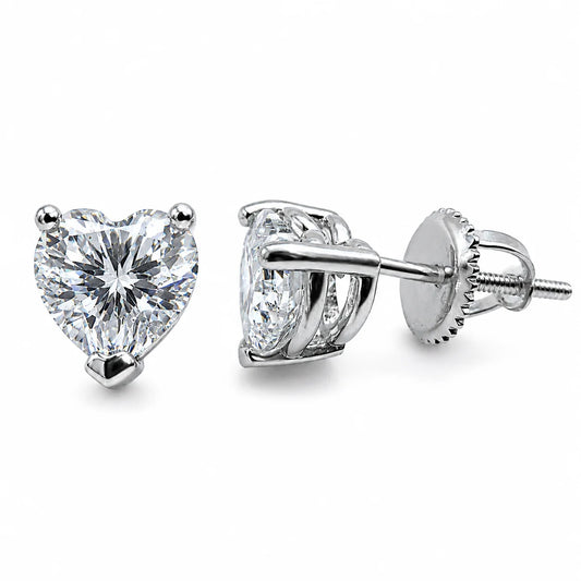 Sterling Silver VVS1 Moissanite Stud Heart Solitaire Screw Back 2 ct Earrings