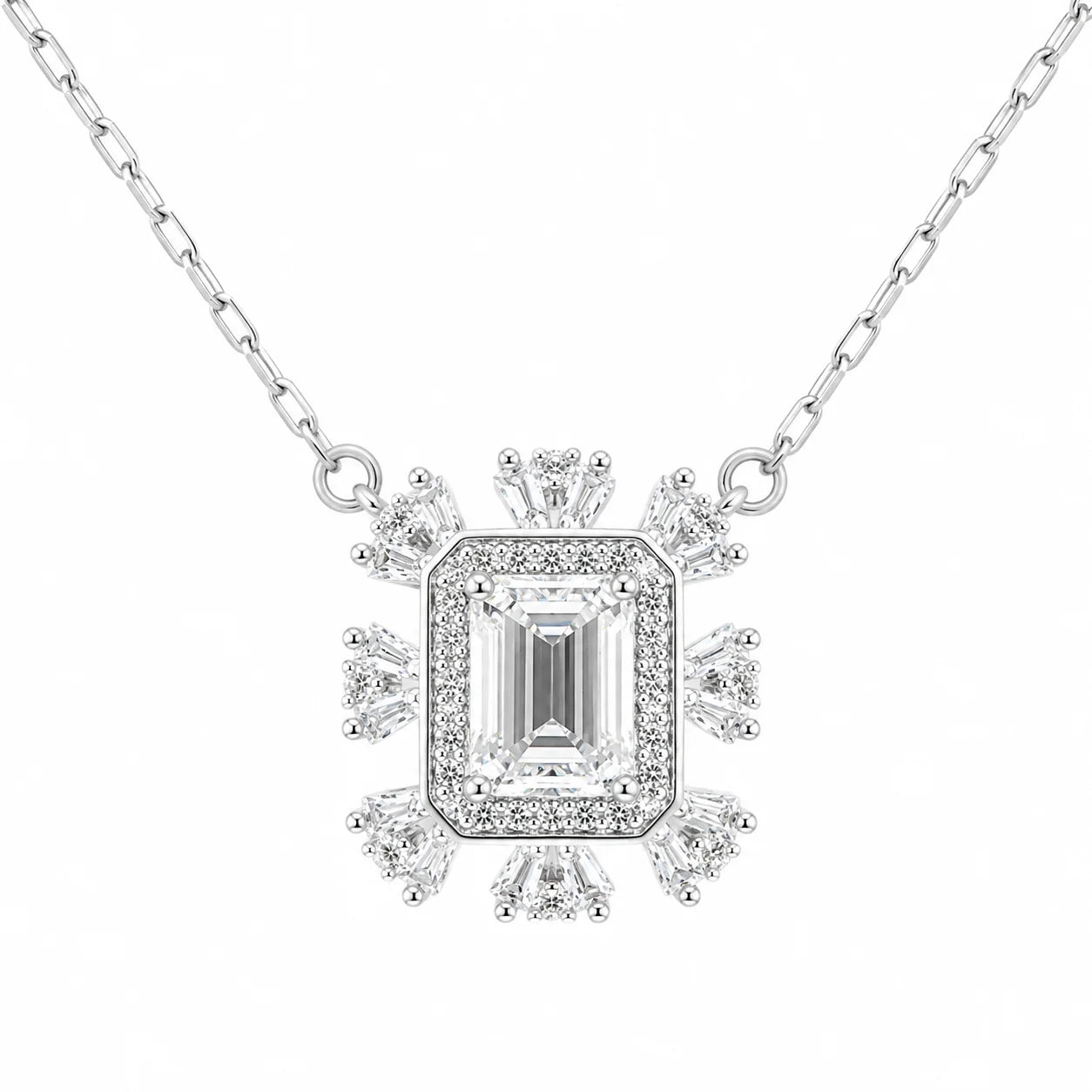 Sterling Silver 1ct Emerald Cut Moissanite VVS1 Flower Cable Chain Link Necklace