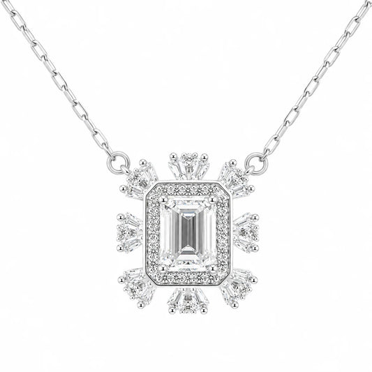 Sterling Silver 1ct Emerald Cut Moissanite VVS1 Flower Cable Chain Link Necklace