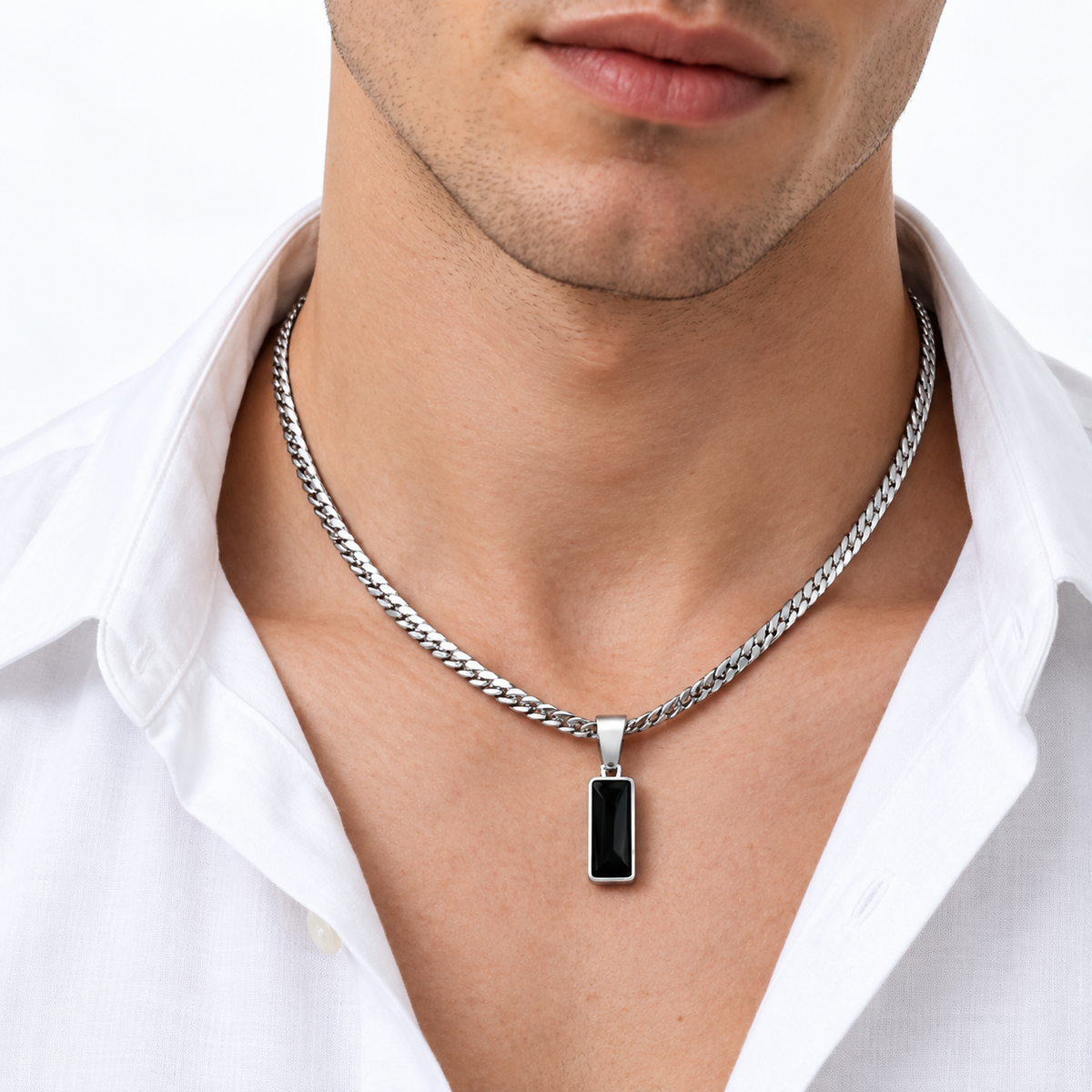 Men’s Black Stone Pendant with Cuban Chain