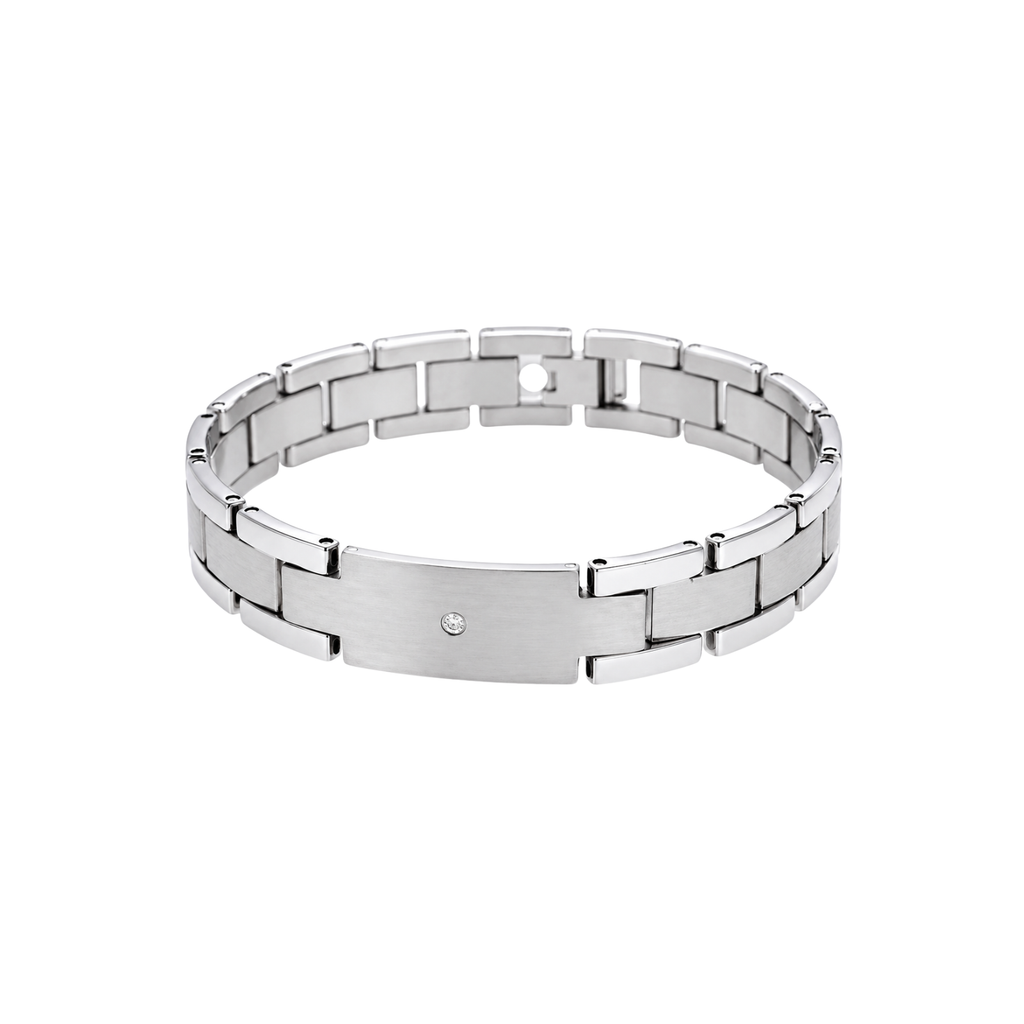 SET OF 2: Men's Brushed Silver Tungsten ID Bracelet – 8.5" Scratch-Resistant Link Bracelet with CZ Accent