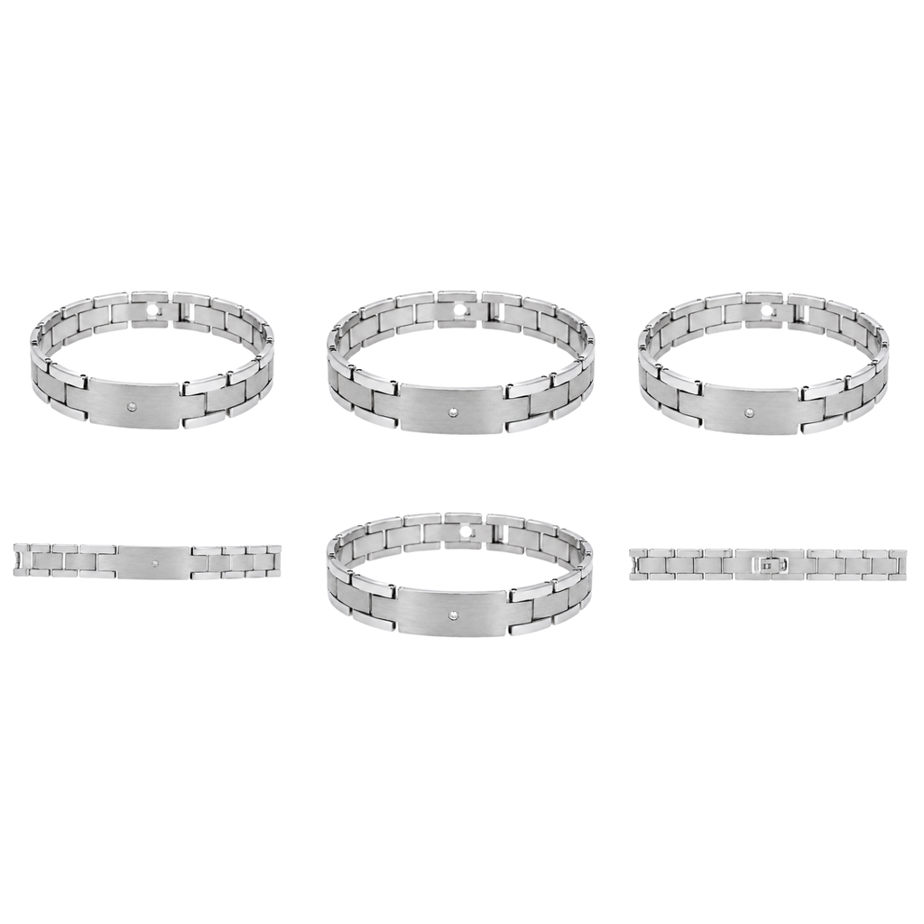SET OF 2: Men's Brushed Silver Tungsten ID Bracelet – 8.5" Scratch-Resistant Link Bracelet with CZ Accent