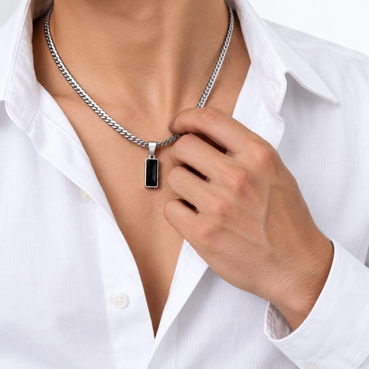 Men’s Black Stone Pendant with Cuban Chain