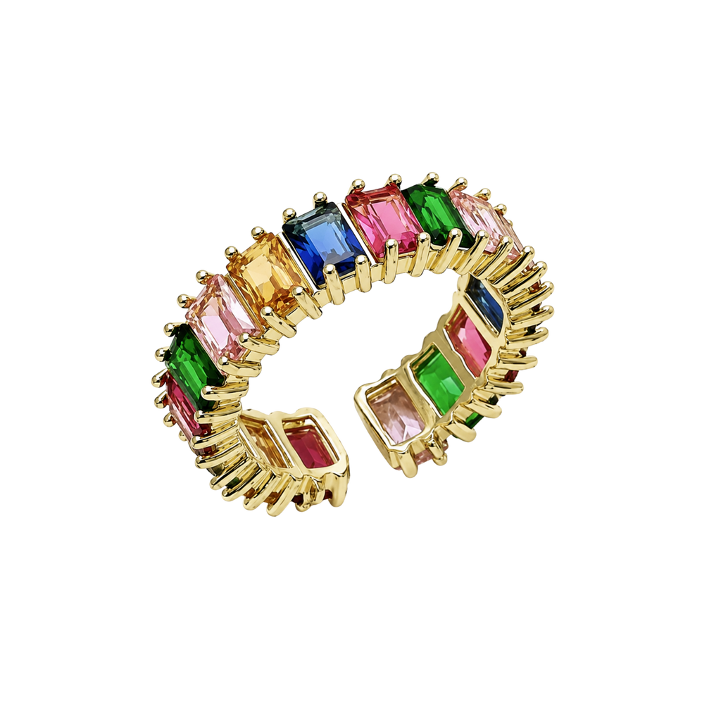 Rainbow Gem Ring – Colorful Gold Open Band Ring with Multi-Color Crystal Stones for Women