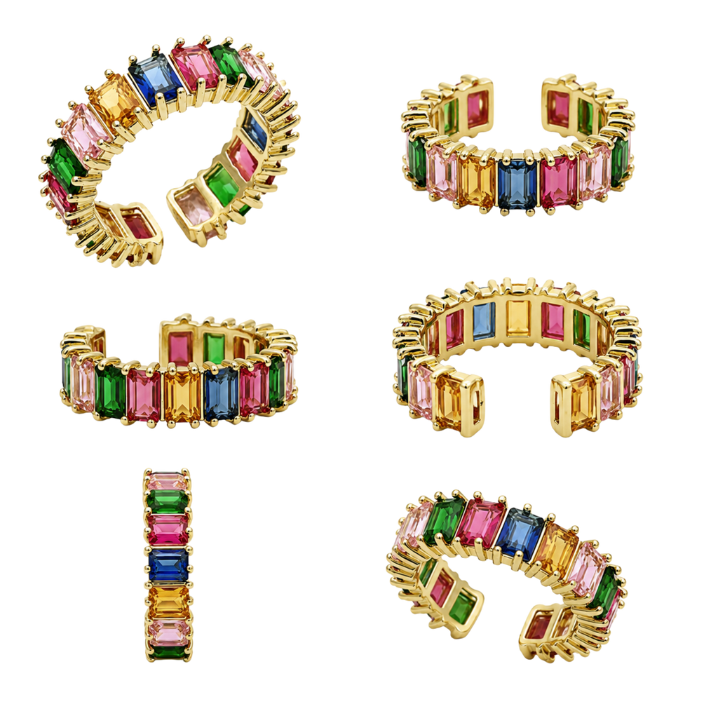 Rainbow Gem Ring – Colorful Gold Open Band Ring with Multi-Color Crystal Stones for Women