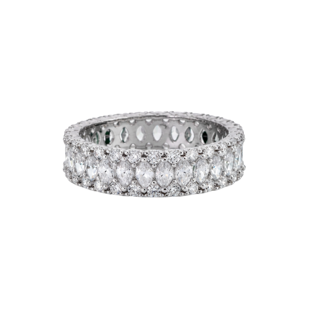 Rhodium Plated 925 Sterling Silver 5.4mm Triple Row Eternity Band Clear CZ Ring