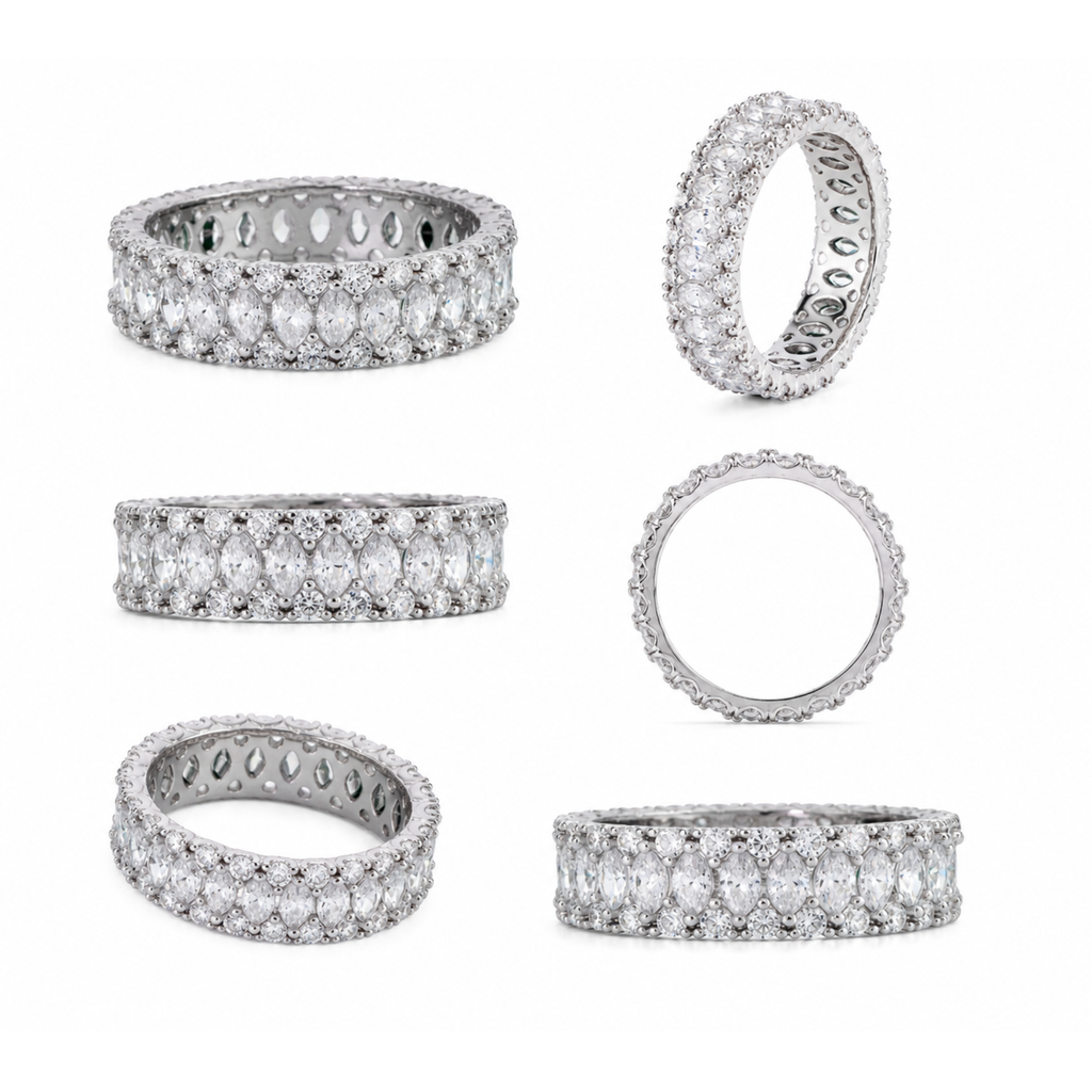 Rhodium Plated 925 Sterling Silver 5.4mm Triple Row Eternity Band Clear CZ Ring