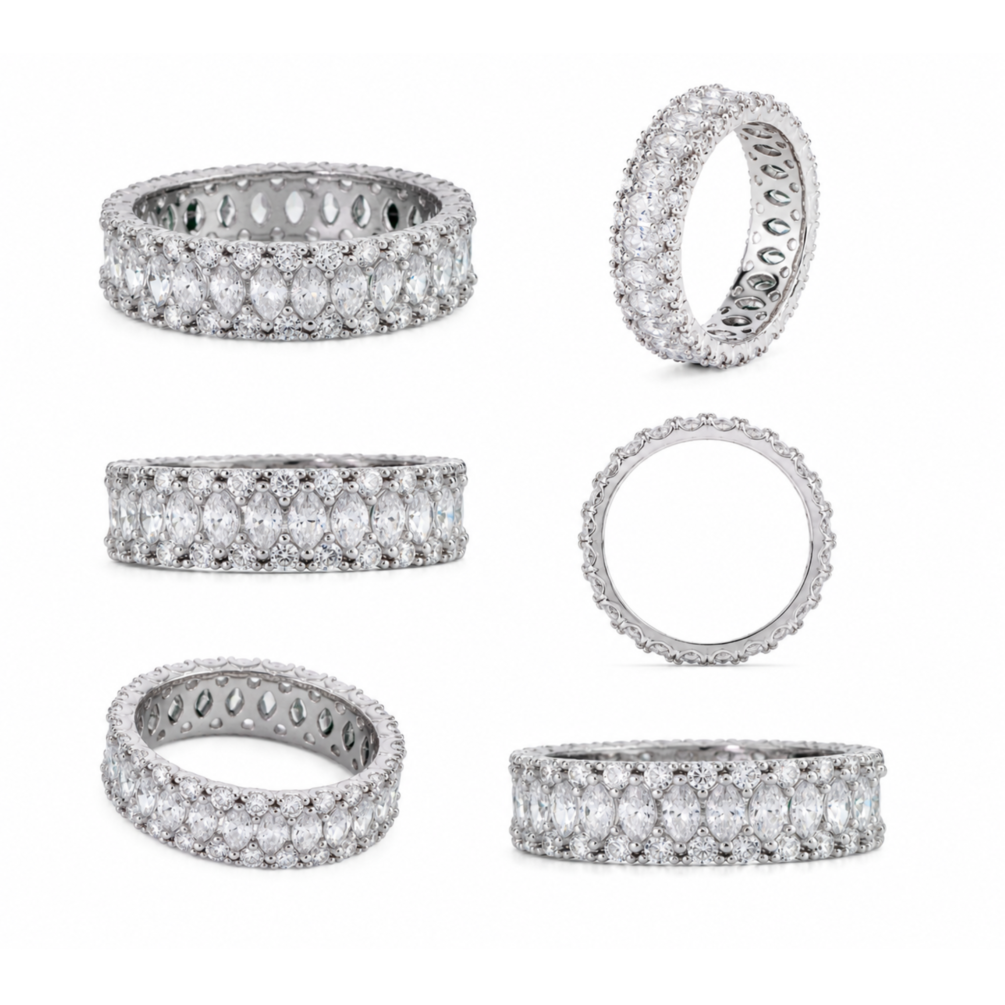 Rhodium Plated 925 Sterling Silver 5.4mm Triple Row Eternity Band Clear CZ Ring