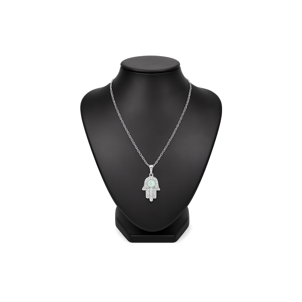 Rhodium Plated 925 Sterling Silver Hamsa Opal and Clear CZ Adjustable Necklace