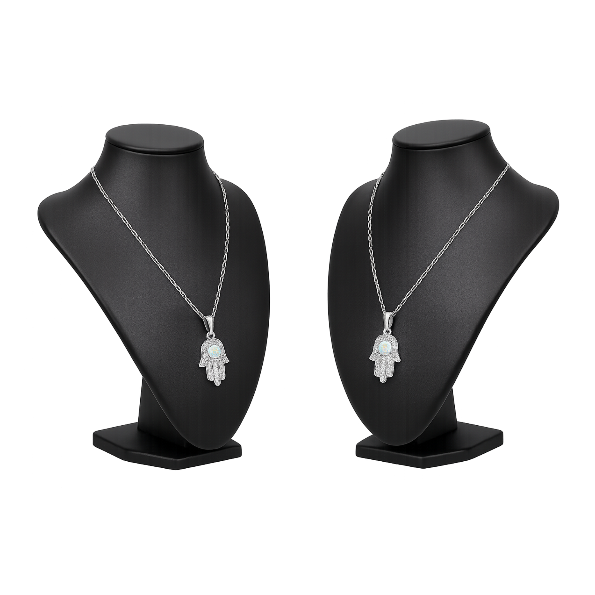 Rhodium Plated 925 Sterling Silver Hamsa Opal and Clear CZ Adjustable Necklace