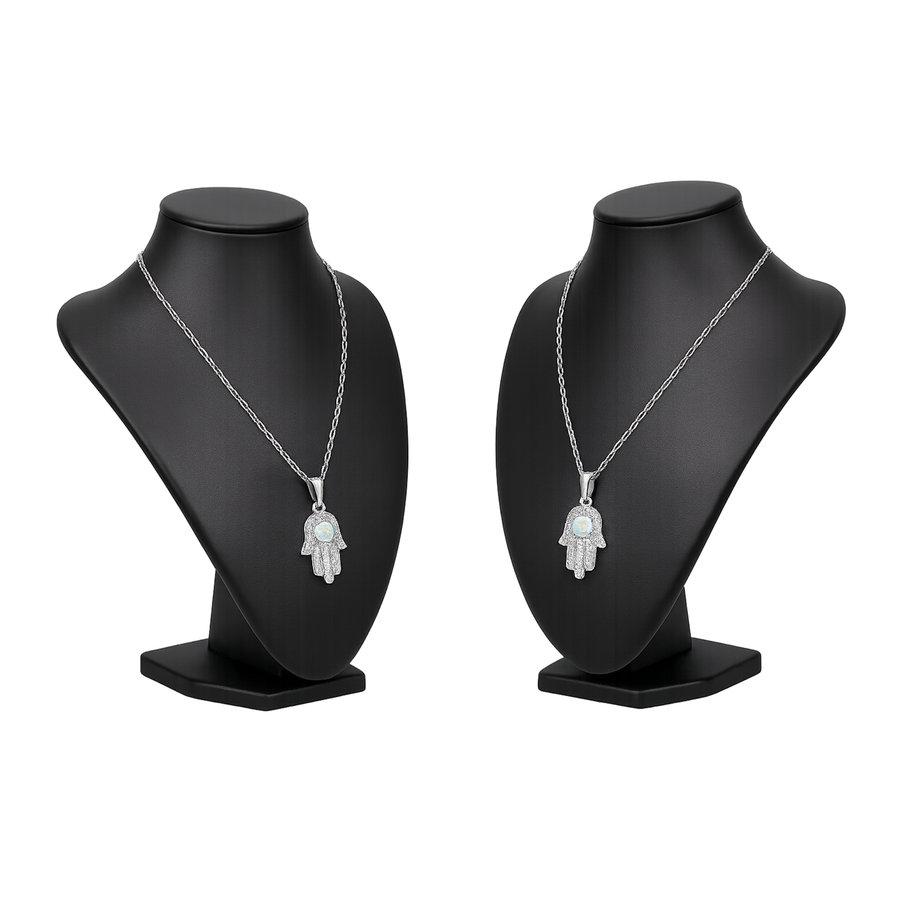 Rhodium Plated 925 Sterling Silver Hamsa Opal and Clear CZ… – alternate view 2 | Sloop Jewelry – alternate view