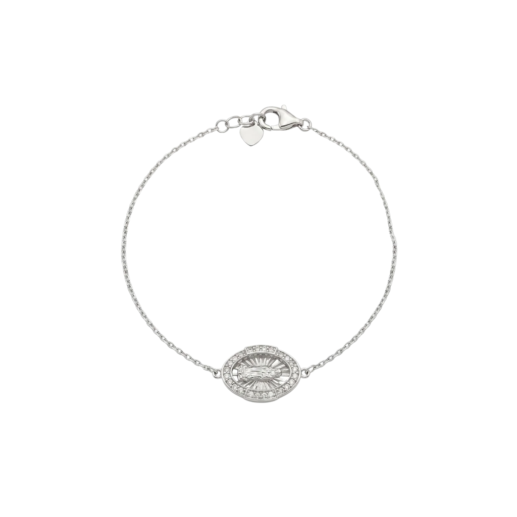 Rhodium Plated 925 Sterling Silver Moissanite Guadalupe Oval Charm Bracelet