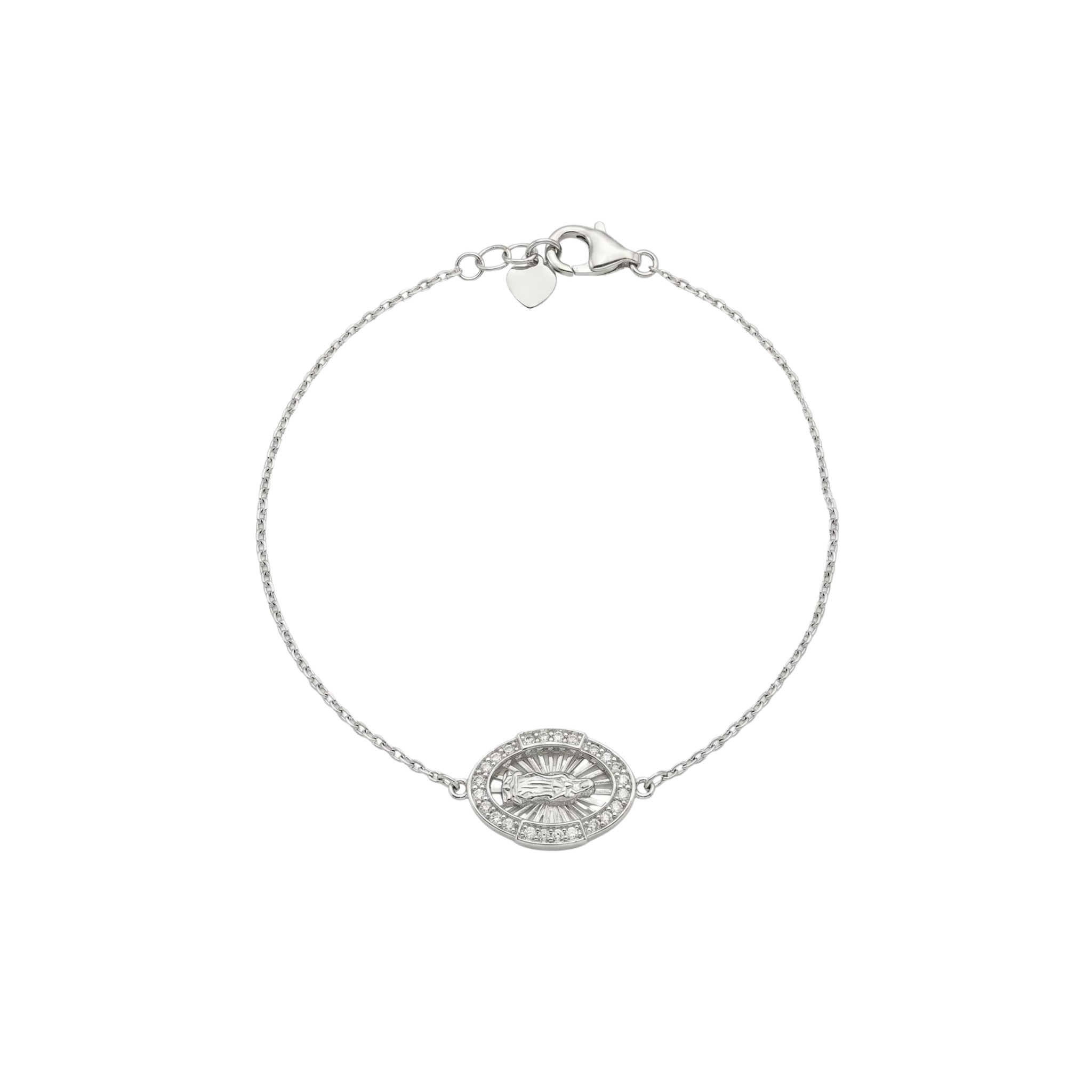 Rhodium Plated 925 Sterling Silver Moissanite Guadalupe Oval Charm Bracelet