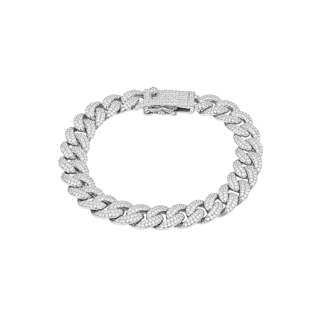 Rhodium Plated 925 Sterling Silver Moissanite Miami Cuban 9.5mm Bracelet (Size 7)