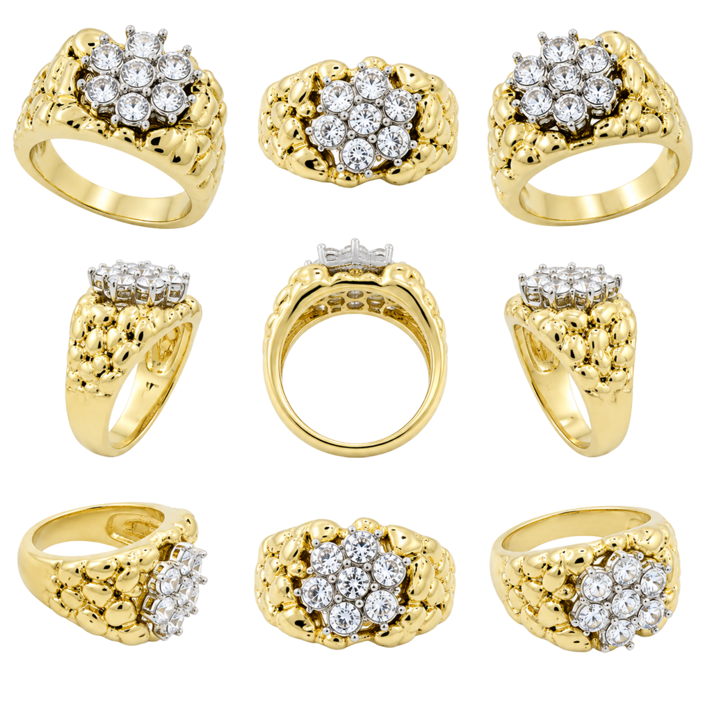 Royal Blossom Nugget Ring – Gold-Tone CZ Floral Cluster Statement Ring